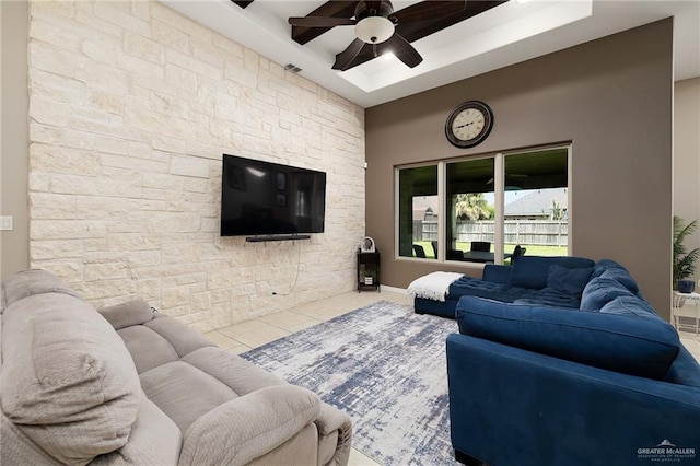 13410 N 36th Ln, Edinburg, TX 78541 - tiled living room with ceiling fan and a tray ceiling