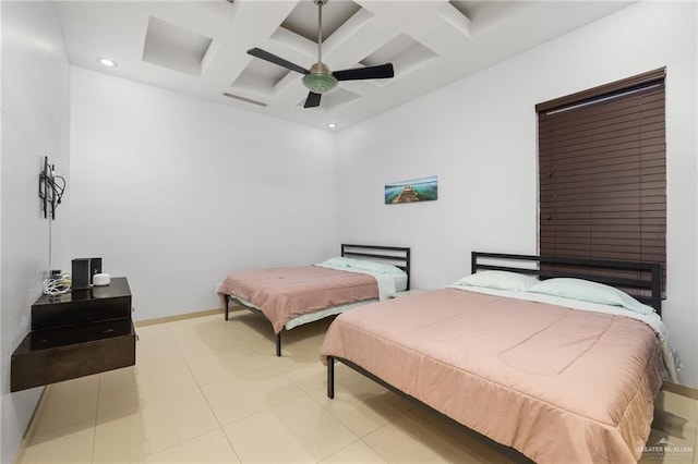 tiled bedroom featuring beamed ceiling, ceiling fan, a towering ceiling, and coffered ceiling