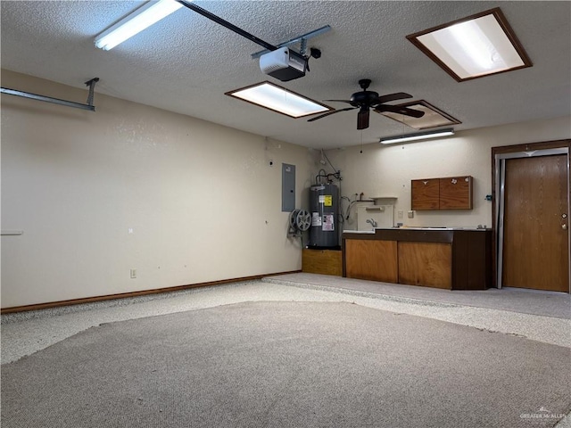 kitchen featuring electric water heater, light colored carpet, electric panel, a textured ceiling, and a ceiling fan