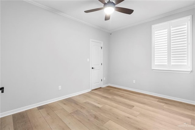 spare room with light hardwood / wood-style floors, crown molding, and ceiling fan