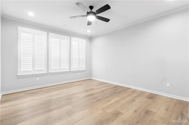 unfurnished room featuring ceiling fan, crown molding, and light hardwood / wood-style floors