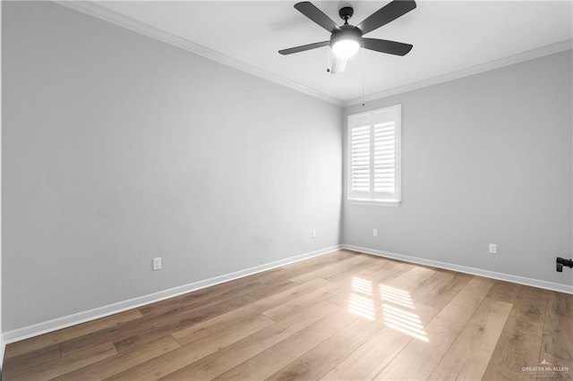 unfurnished room featuring ceiling fan, ornamental molding, and light hardwood / wood-style flooring