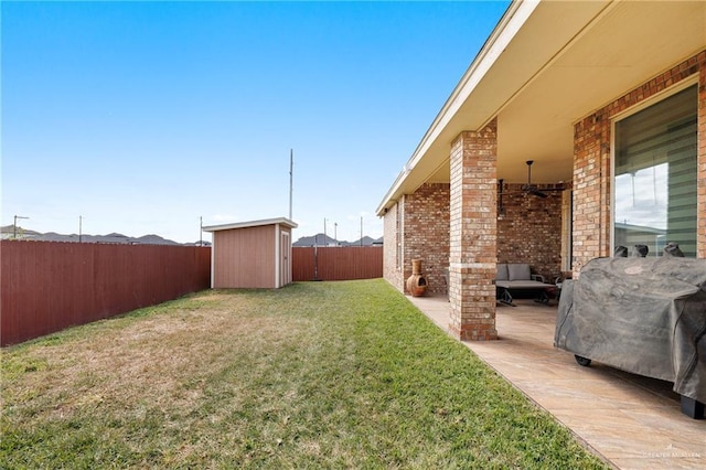 view of yard with a storage unit and a patio