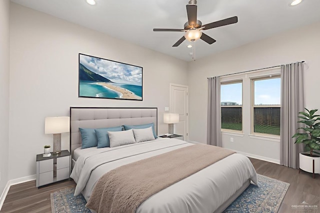 14222 Chalk Ridge Dr, Mcallen, TX 78504 - bedroom with wood finished floors, baseboards, recessed lighting, and a ceiling fan