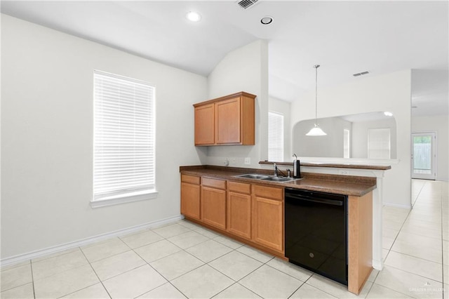 kitchen with sink, hanging light fixtures, light tile patterned floors, kitchen peninsula, and black dishwasher