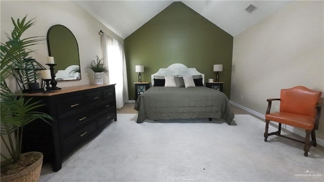 4919 Crown Point St, Edinburg, TX 78541 - bedroom featuring light carpet, vaulted ceiling, and baseboards