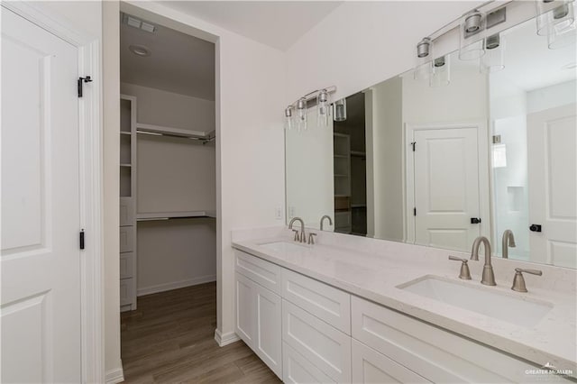 bathroom with wood-type flooring and vanity