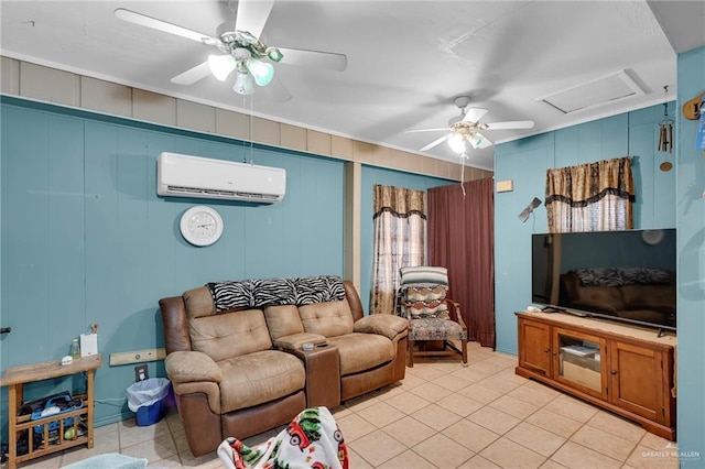 7027 Jo Din St, Edinburg, TX 78542 - living area featuring a wall mounted AC, light tile patterned floors, ceiling fan, and attic access