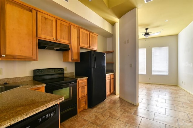 kitchen featuring ceiling fan, sink, light tile patterned flooring, and black appliances