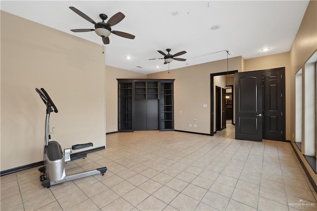 2712 Cornell Ave, Mcallen, TX 78504 - workout area featuring light tile patterned flooring, ceiling fan, recessed lighting, baseboards, and vaulted ceiling