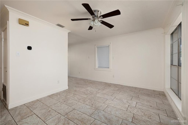 unfurnished room with crown molding and ceiling fan