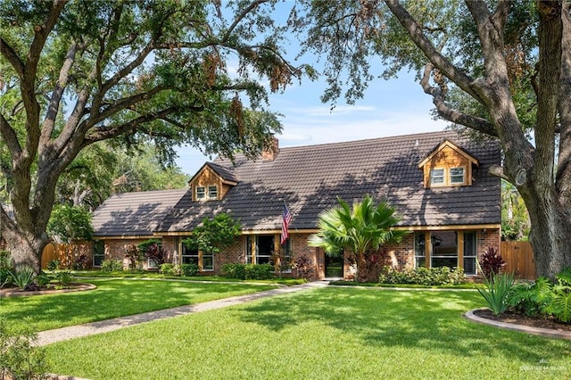 view of front facade featuring a front yard, fence, and brick siding