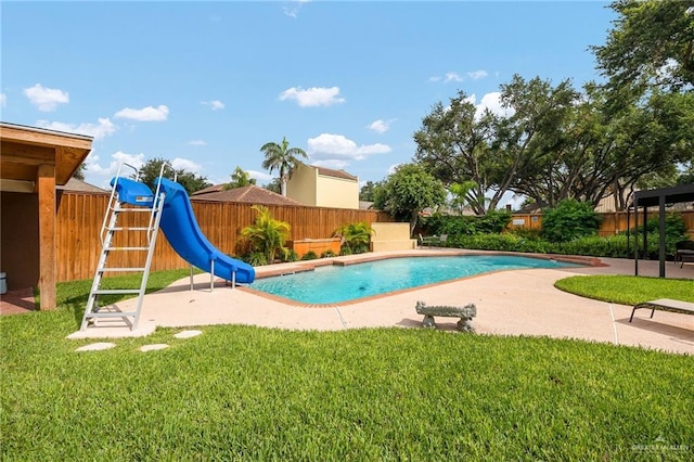 view of swimming pool featuring a patio area, a fenced backyard, a fenced in pool, and a water slide