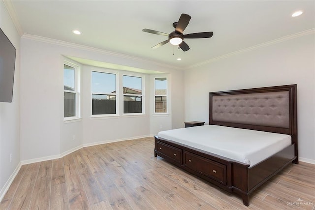 bedroom with recessed lighting, baseboards, ornamental molding, and light wood finished floors