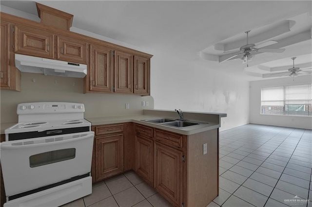 kitchen featuring kitchen peninsula, white electric range, light tile patterned floors, and sink