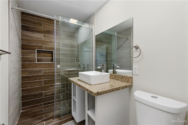 bathroom with vanity, toilet, and an enclosed shower