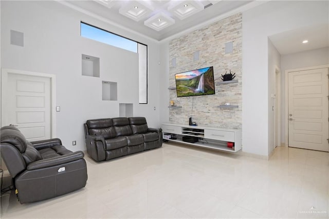 12 E Sabatina Ave, Pharr, TX 78577 - living room with tile patterned flooring, a high ceiling, crown molding, and recessed lighting