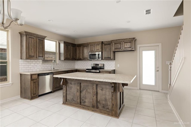 kitchen with plenty of natural light, a kitchen island, sink, and stainless steel appliances