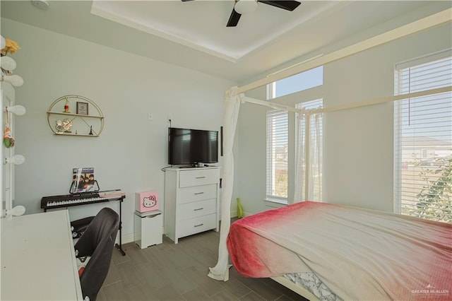 bedroom featuring ceiling fan, multiple windows, a raised ceiling, and wood finished floors