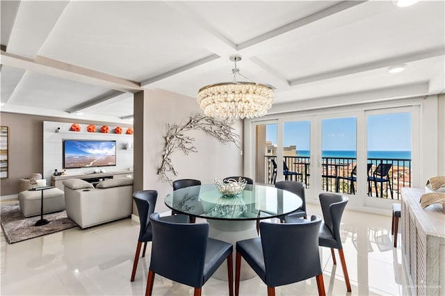 dining space featuring beam ceiling, coffered ceiling, an inviting chandelier, light tile patterned flooring, and a water view