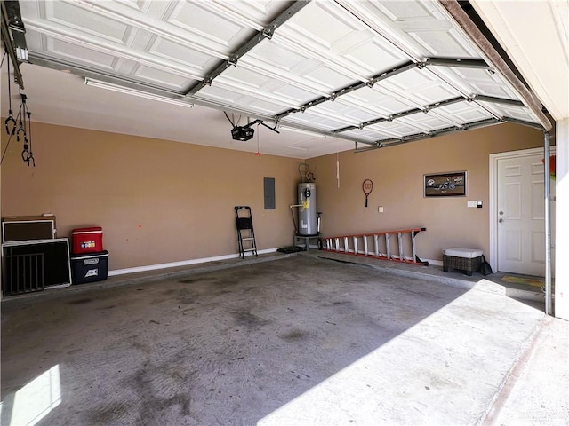 garage with secured water heater, electric panel, baseboards, and a garage door opener