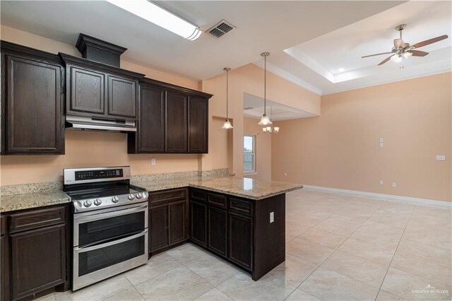 kitchen featuring light stone counters, kitchen peninsula, pendant lighting, double oven range, and dark brown cabinets