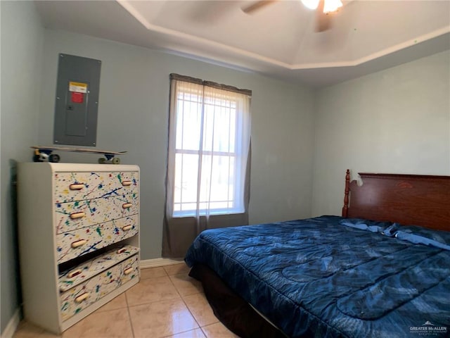 bedroom featuring light tile patterned floors, electric panel, multiple windows, and ceiling fan