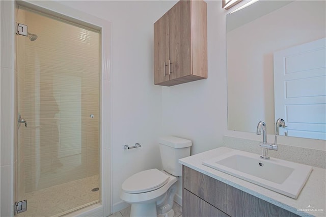 bathroom with tile patterned flooring, vanity, an enclosed shower, and toilet