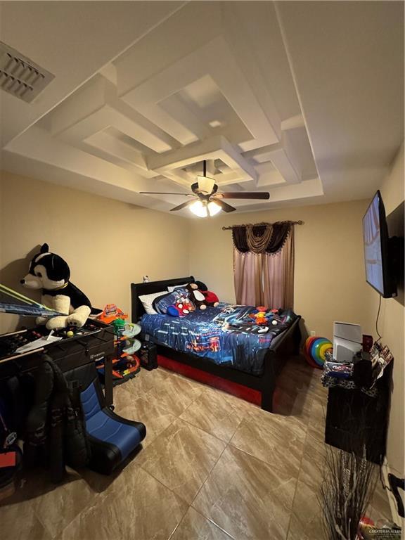 bedroom with a ceiling fan, visible vents, and coffered ceiling