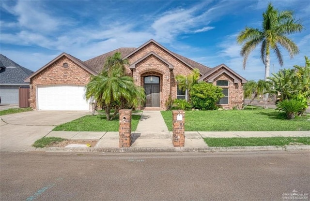 view of front of property featuring a front lawn and a garage