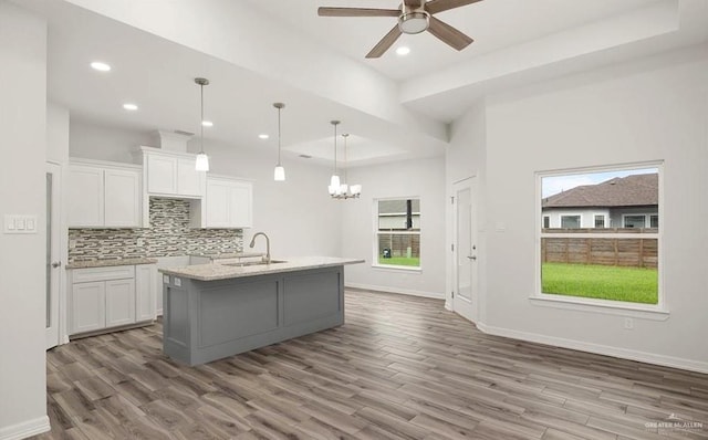 kitchen featuring white cabinets, a center island with sink, and wood-type flooring