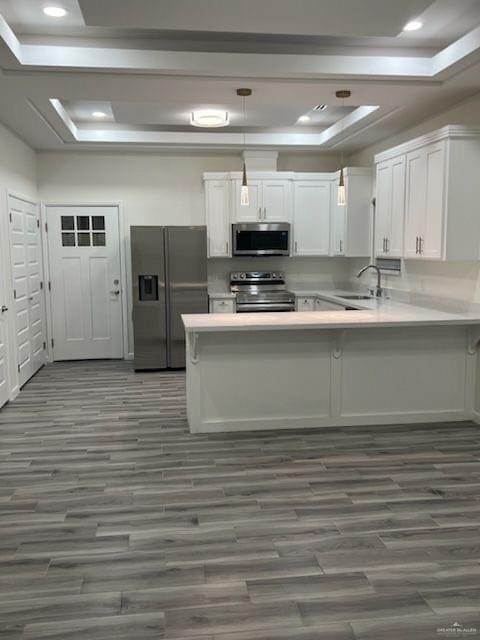 kitchen featuring white cabinetry, sink, stainless steel appliances, kitchen peninsula, and a tray ceiling