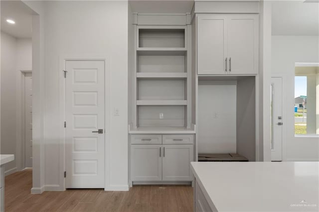 kitchen with baseboards, light countertops, built in shelves, and light wood-type flooring