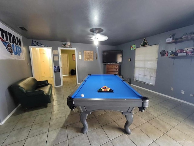 rec room featuring tile patterned flooring, ceiling fan, and pool table