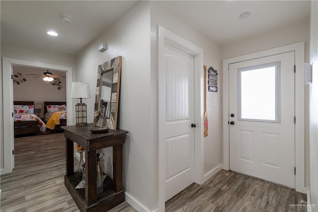 doorway with hardwood / wood-style floors and ceiling fan