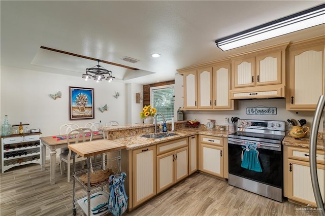 kitchen featuring electric stove, sink, hanging light fixtures, light hardwood / wood-style floors, and kitchen peninsula