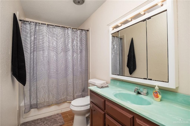 full bathroom with shower / bathtub combination with curtain, vanity, toilet, and wood-type flooring