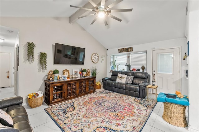 tiled living room with lofted ceiling with beams and ceiling fan