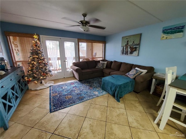 3113 Laguna Blvd Unit 219, South Padre Island, TX 78597 - living room featuring french doors, a ceiling fan, and light tile patterned floors