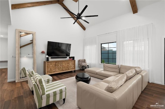 living room featuring beam ceiling, dark wood-type flooring, high vaulted ceiling, and ceiling fan