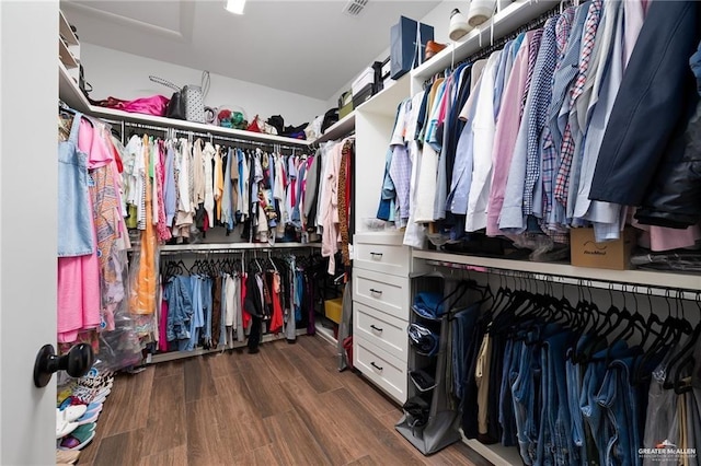 spacious closet with dark hardwood / wood-style floors