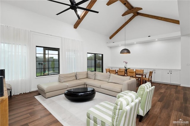 living room featuring dark wood-type flooring, ceiling fan, beam ceiling, and high vaulted ceiling