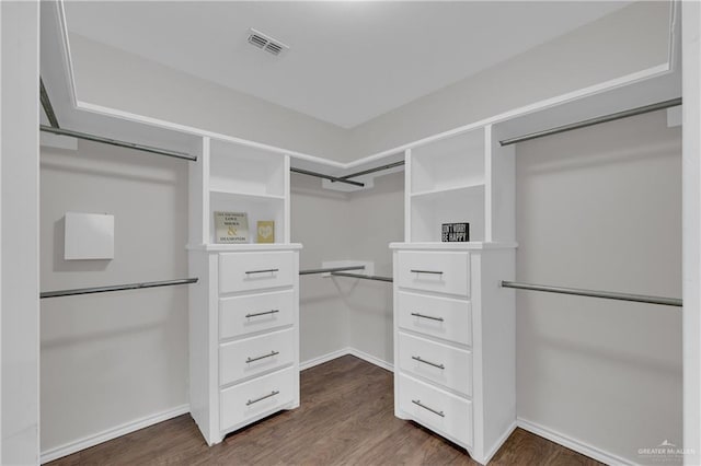 walk in closet with dark hardwood / wood-style flooring