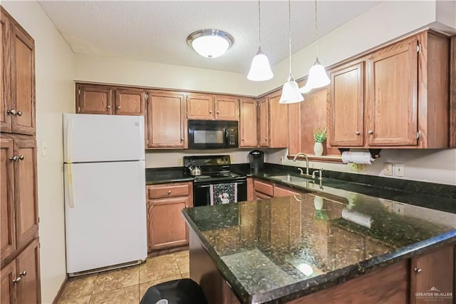 kitchen featuring dark stone countertops, sink, black appliances, and a textured ceiling