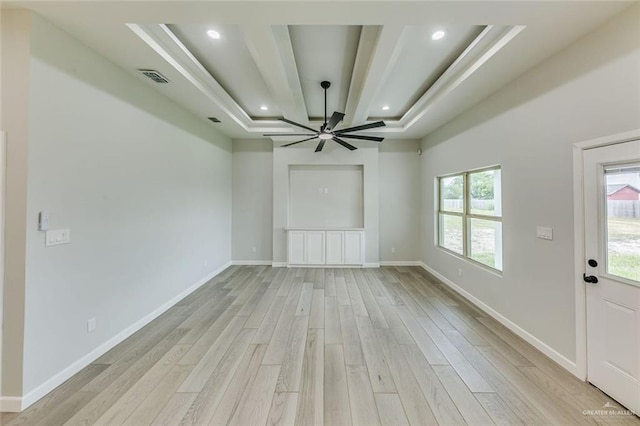1310 S 9th St, Alamo, TX 78516 - unfurnished dining area with a tray ceiling, light wood-type flooring, ceiling fan, baseboards, and recessed lighting