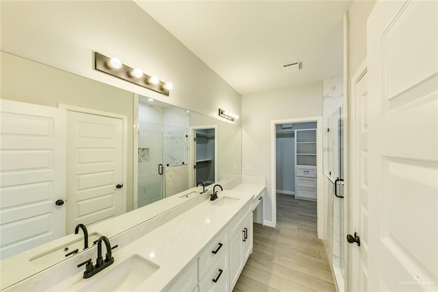 1310 S 9th St, Alamo, TX 78516 - full bath with wood finished floors, a marble finish shower, double vanity, a spacious closet, and baseboards