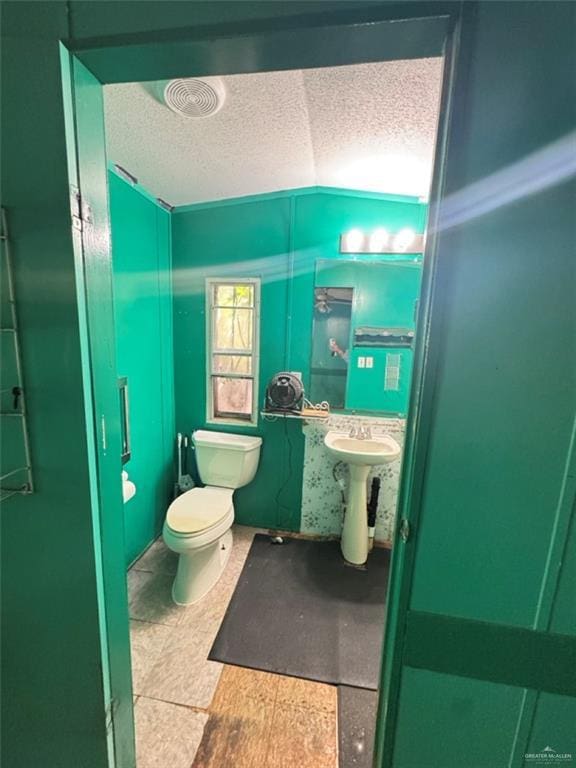 38639 W Centerline Rd, Los Fresnos, TX 78566 - bathroom with a textured ceiling, toilet, a sink, and lofted ceiling