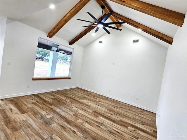 empty room with vaulted ceiling with beams and light hardwood / wood-style flooring