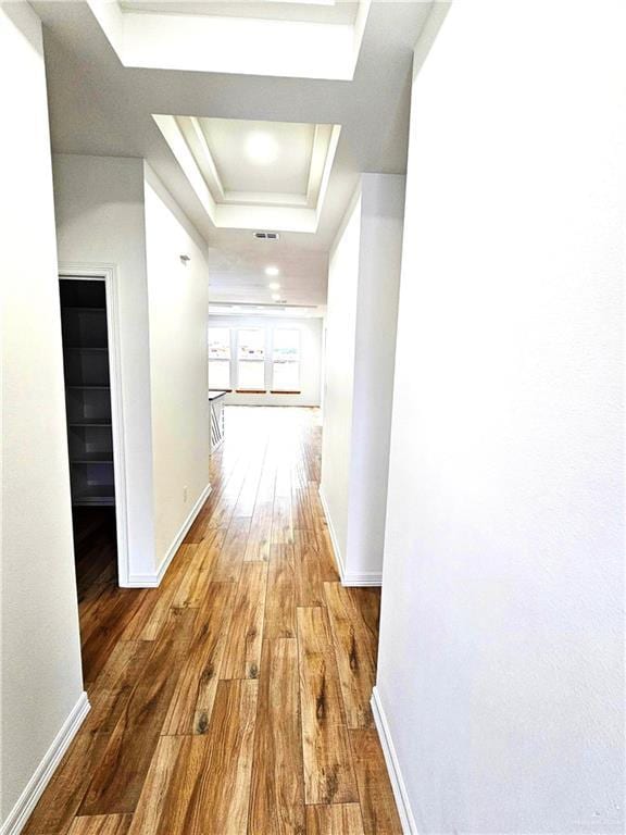 corridor with a raised ceiling and wood-type flooring