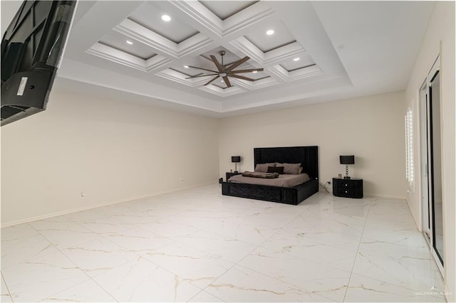 bedroom with marble tiled floors, baseboards, beam ceiling, coffered ceiling, and recessed lighting